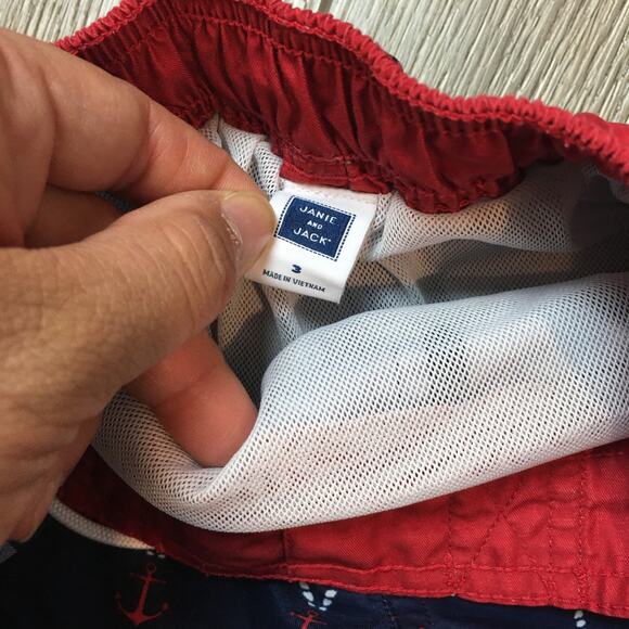 Janie and Jack Sailor Anchor Swim Rashguard Trunks boy size 3 Red Blue Plaid - Picture 2 of 6